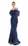 MNM Couture G2227 midnight blue crepe and organza gommé off-the-shoulder mermaid gown with diagonal accordion pleats and lace inserts | Couture Shop LA.