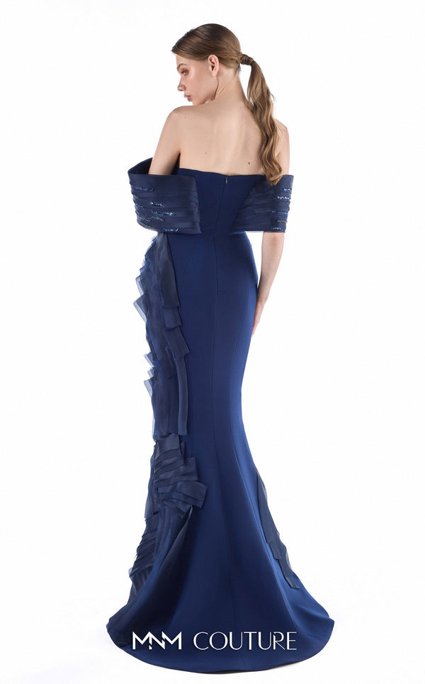 MNM Couture G2227 midnight blue crepe and organza gommé off-the-shoulder mermaid gown with diagonal accordion pleats and lace inserts | Couture Shop LA.