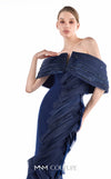 MNM Couture G2227 midnight blue crepe and organza gommé off-the-shoulder mermaid gown with diagonal accordion pleats and lace inserts | Couture Shop LA.