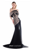 MNM Couture G2228 black crepe, mikado, and beaded black lace off-the-shoulder mermaid gown with sculptural draping and sheer tulle side cascade | Couture Shop LA.