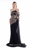 MNM Couture G2228 black crepe, mikado, and beaded black lace off-the-shoulder mermaid gown with sculptural draping and sheer tulle side cascade | Couture Shop LA.