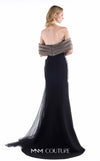 MNM Couture G2228 black crepe, mikado, and beaded black lace off-the-shoulder mermaid gown with sculptural draping and sheer tulle side cascade | Couture Shop LA.