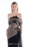 MNM Couture G2228 black crepe, mikado, and beaded black lace off-the-shoulder mermaid gown with sculptural draping and sheer tulle side cascade | Couture Shop LA.