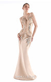 MNM Couture G2229 nude and gold lace and crepe illusion sweetheart mermaid gown with architectural illusion corset and hand-embroidered gold embellishments | Couture Shop LA.