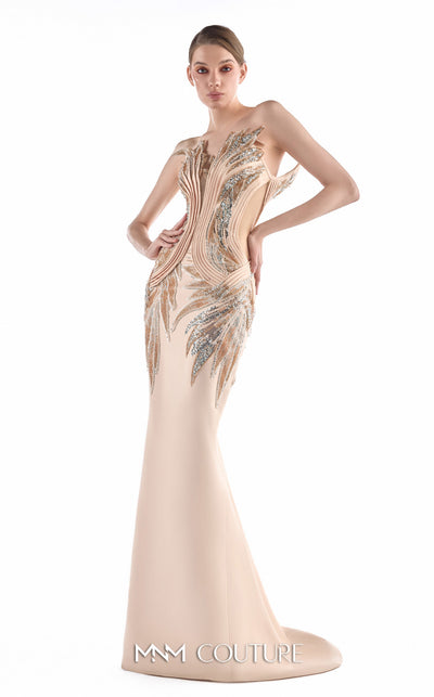 MNM Couture G2229 nude and gold lace and crepe illusion sweetheart mermaid gown with architectural illusion corset and hand-embroidered gold embellishments | Couture Shop LA.