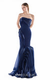 MNM Couture G2230 navy crepe and liquid organza strapless slim mermaid gown with sculptural wave-inspired draping and flowing organza train | Couture Shop LA.