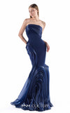 MNM Couture G2230 navy crepe and liquid organza strapless slim mermaid gown with sculptural wave-inspired draping and flowing organza train | Couture Shop LA.