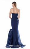 MNM Couture G2230 navy crepe and liquid organza strapless slim mermaid gown with sculptural wave-inspired draping and flowing organza train | Couture Shop LA.