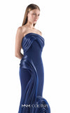 MNM Couture G2230 navy crepe and liquid organza strapless slim mermaid gown with sculptural wave-inspired draping and flowing organza train | Couture Shop LA.