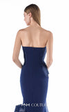 MNM Couture G2230 navy crepe and liquid organza strapless slim mermaid gown with sculptural wave-inspired draping and flowing organza train | Couture Shop LA.