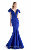 MNM Couture G2232 royal blue crepe plunging V-neck mermaid gown with sculpted cap sleeves, precision-cut paneled construction, and fishtail hem | Couture Shop LA.
