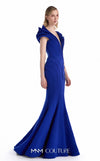 MNM Couture G2232 royal blue crepe plunging V-neck mermaid gown with sculpted cap sleeves, precision-cut paneled construction, and fishtail hem | Couture Shop LA.