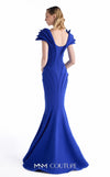 MNM Couture G2232 royal blue crepe plunging V-neck mermaid gown with sculpted cap sleeves, precision-cut paneled construction, and fishtail hem | Couture Shop LA.