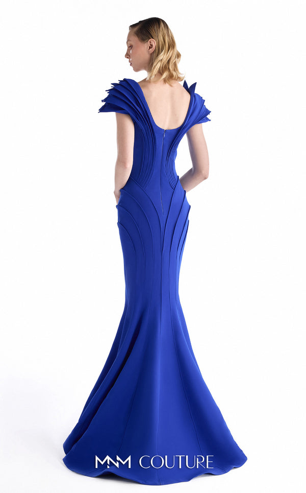 MNM Couture G2232 royal blue crepe plunging V-neck mermaid gown with sculpted cap sleeves, precision-cut paneled construction, and fishtail hem | Couture Shop LA.