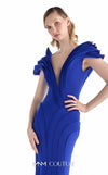 MNM Couture G2232 royal blue crepe plunging V-neck mermaid gown with sculpted cap sleeves, precision-cut paneled construction, and fishtail hem | Couture Shop LA.