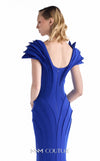 MNM Couture G2232 royal blue crepe plunging V-neck mermaid gown with sculpted cap sleeves, precision-cut paneled construction, and fishtail hem | Couture Shop LA.