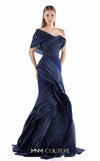 MNM Couture G2233 navy crepe and organza gommé asymmetrical off-shoulder mermaid gown with geometric asymmetric draping and layered cascading skirt | Couture Shop LA.