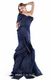 MNM Couture G2233 navy crepe and organza gommé asymmetrical off-shoulder mermaid gown with geometric asymmetric draping and layered cascading skirt | Couture Shop LA.