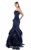 MNM Couture G2233 navy crepe and organza gommé asymmetrical off-shoulder mermaid gown with geometric asymmetric draping and layered cascading skirt | Couture Shop LA.
