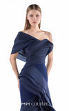 MNM Couture G2233 navy crepe and organza gommé asymmetrical off-shoulder mermaid gown with geometric asymmetric draping and layered cascading skirt | Couture Shop LA.