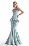 MNM Couture G2235 mint crepe and beaded lace strapless mermaid gown with beaded lace border, architectural hip panels, and fluted floor-length hem | Couture Shop LA.