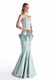 MNM Couture G2235 mint crepe and beaded lace strapless mermaid gown with beaded lace border, architectural hip panels, and fluted floor-length hem | Couture Shop LA.
