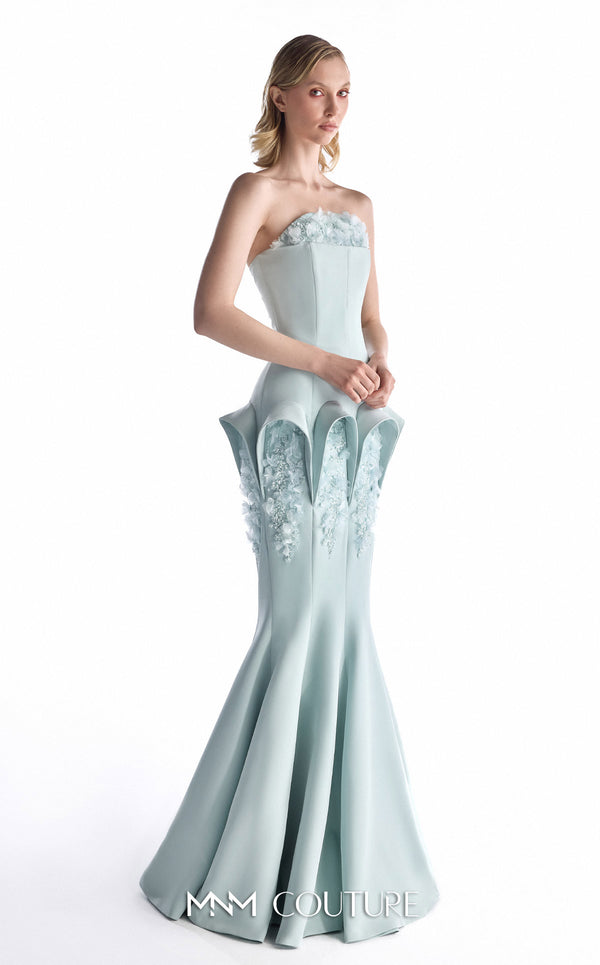 MNM Couture G2235 mint crepe and beaded lace strapless mermaid gown with beaded lace border, architectural hip panels, and fluted floor-length hem | Couture Shop LA.