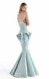 MNM Couture G2235 mint crepe and beaded lace strapless mermaid gown with beaded lace border, architectural hip panels, and fluted floor-length hem | Couture Shop LA.