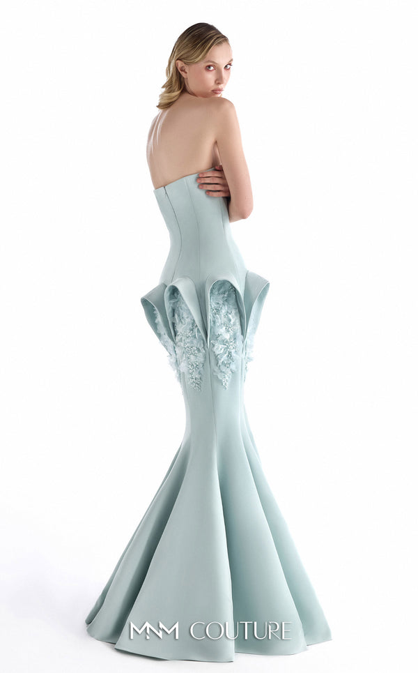 MNM Couture G2235 mint crepe and beaded lace strapless mermaid gown with beaded lace border, architectural hip panels, and fluted floor-length hem | Couture Shop LA.