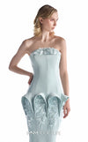 MNM Couture G2235 mint crepe and beaded lace strapless mermaid gown with beaded lace border, architectural hip panels, and fluted floor-length hem | Couture Shop LA.