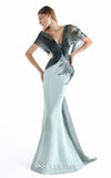 MNM Couture G2240 mint crepe, beaded lace, and liquid organza plunging off-shoulder mermaid gown with cascading organza waves, hand-applied beaded lace waist, and flowing organza train | Couture Shop LA.