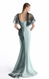 MNM Couture G2240 mint crepe, beaded lace, and liquid organza plunging off-shoulder mermaid gown with cascading organza waves, hand-applied beaded lace waist, and flowing organza train | Couture Shop LA.