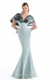 MNM Couture G2242 mint and silver crepe, beaded lace, and liquid organza V-neck off-shoulder mermaid gown with architectural crystal-beaded lace bodice and draped organza neckline | Couture Shop LA.
