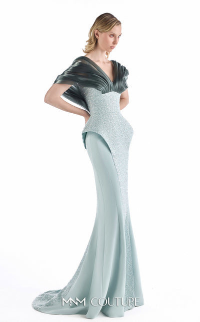 MNM Couture G2242 mint and silver crepe, beaded lace, and liquid organza V-neck off-shoulder mermaid gown with architectural crystal-beaded lace bodice and draped organza neckline | Couture Shop LA.