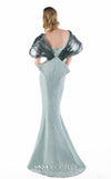 MNM Couture G2242 mint and silver crepe, beaded lace, and liquid organza V-neck off-shoulder mermaid gown with architectural crystal-beaded lace bodice and draped organza neckline | Couture Shop LA.