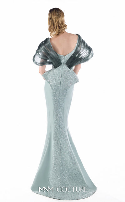 MNM Couture G2242 mint and silver crepe, beaded lace, and liquid organza V-neck off-shoulder mermaid gown with architectural crystal-beaded lace bodice and draped organza neckline | Couture Shop LA.
