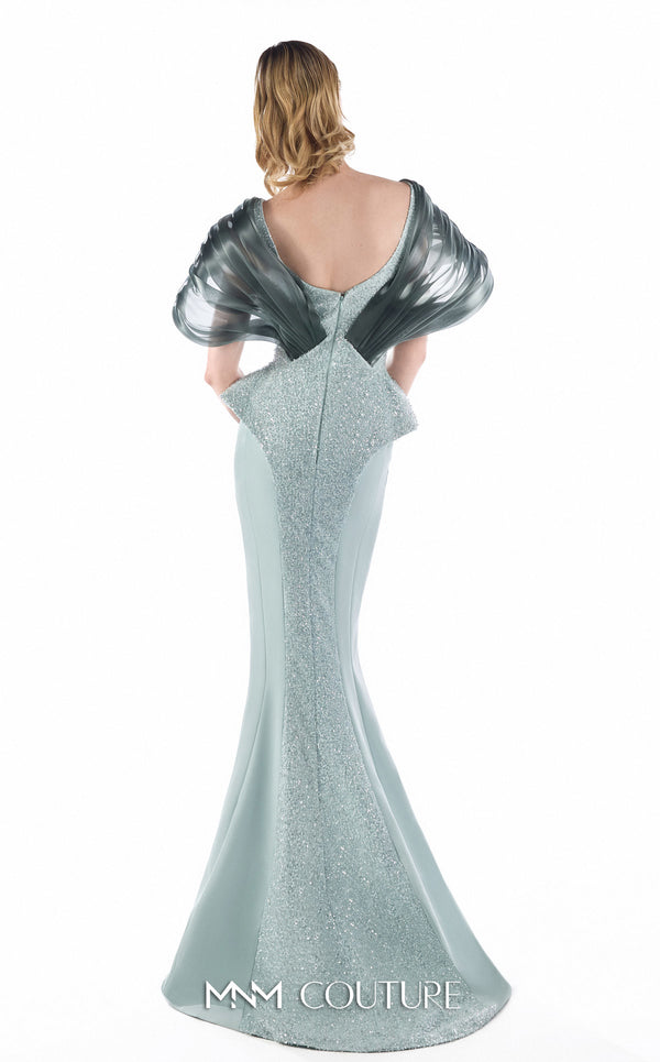 MNM Couture G2242 mint and silver crepe, beaded lace, and liquid organza V-neck off-shoulder mermaid gown with architectural crystal-beaded lace bodice and draped organza neckline | Couture Shop LA.