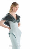MNM Couture G2242 mint and silver crepe, beaded lace, and liquid organza V-neck off-shoulder mermaid gown with architectural crystal-beaded lace bodice and draped organza neckline | Couture Shop LA.