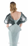 MNM Couture G2242 mint and silver crepe, beaded lace, and liquid organza V-neck off-shoulder mermaid gown with architectural crystal-beaded lace bodice and draped organza neckline | Couture Shop LA.