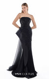 MNM Couture G2244 black beaded lace, organza, and tulle strapless fitted mermaid gown with sculpted neckline, architectural side peplum, and flowing tulle train | Couture Shop LA.