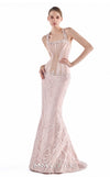 MNM Couture G2245 blush crepe and lace square-neckline mermaid gown with corset-inspired bodice, embellished straps, hand-embellished lace, and sweep train | Couture Shop LA.