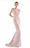 MNM Couture G2245 blush crepe and lace square-neckline mermaid gown with corset-inspired bodice, embellished straps, hand-embellished lace, and sweep train | Couture Shop LA.