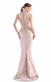 MNM Couture G2245 blush crepe and lace square-neckline mermaid gown with corset-inspired bodice, embellished straps, hand-embellished lace, and sweep train | Couture Shop LA.