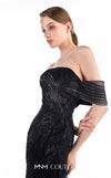 MNM Couture G2246 black beaded lace, crepe, and tulle off-shoulder sheath gown with sheer striped tulle detail, thigh-high front slit, and soft tulle train | Couture Shop LA.