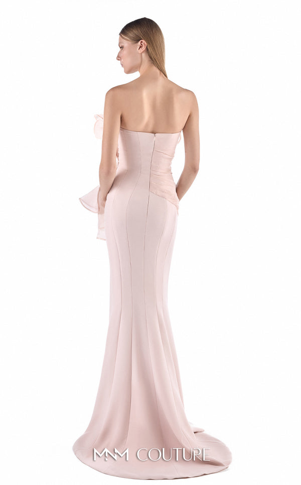 MNM Couture G2247 blush crepe and organza one-shoulder ruffled mermaid gown with sculptural cascading organza ruffles, hand-embroidered lace inserts at the waist, and elegant train | Couture Shop LA.