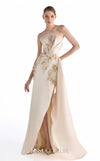 MNM Couture G2248 champagne crepe, lace, and crystal organza strapless column gown with sculpted bodice, hand-embroidered lace appliqués, draped crystal organza side panel, front slit, and sweeping train | Couture Shop LA.