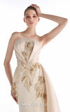 MNM Couture G2248 champagne crepe, lace, and crystal organza strapless column gown with sculpted bodice, hand-embroidered lace appliqués, draped crystal organza side panel, front slit, and sweeping train | Couture Shop LA.