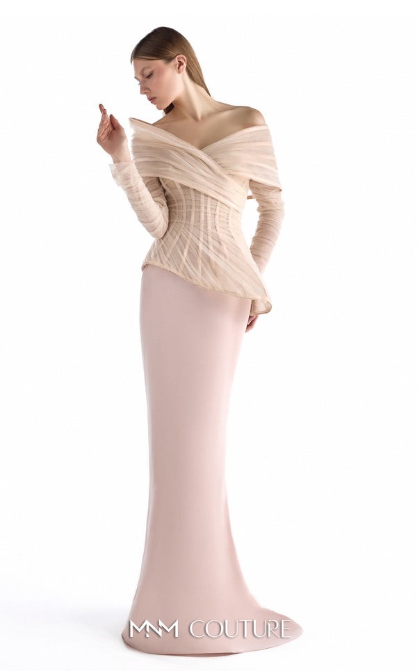 MNM Couture G2249 blush crepe and tulle off-the-shoulder column gown with sculpted corset bodice, layered tulle draping, asymmetrical peplum, sheer fitted long sleeves, and soft train | Couture Shop LA.