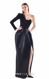 MNM Couture G2250 black crepe, mikado, and handmade embroidery one-shoulder column gown with embroidered single sleeve, sculptural mikado draped skirt, and thigh-high slit | Couture Shop LA.