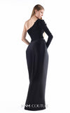 MNM Couture G2250 black crepe, mikado, and handmade embroidery one-shoulder column gown with embroidered single sleeve, sculptural mikado draped skirt, and thigh-high slit | Couture Shop LA.